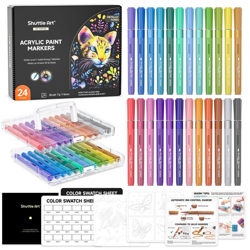 Shuttle Art Automatic Ink Control Acrylic Paint Markers 24 Metallic Colors Brush Tip Acrylic Paint Pens for Rock Painting Ceramic Wood Canvas Glass Stone Fabric Card DIY Football Crafts - Image 2