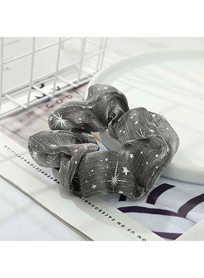 Milbon 6 Pack Chiffon Stars Floral Hair Scrunchies Pineapple or Themed Style Print Slap Bracelet Ponytail Holder Elastic Hair Bands Wrist Fabric Scrunchy Hair Ties for Show/Sleepover Party Girls (Grey) - Image 3