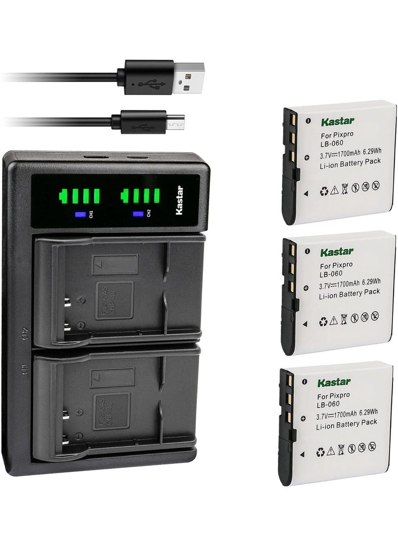 Kastar Kastar 3Pack Battery and LTD2 USB Charger Replacement for Kodak LB060 LB060 Battery Kodak PixPro AZ525 PixPro AZ526 PixPro AZ527 PixPro AZ528 Digital Camera Minolta MN53Z 16MP FHD Bridge Camera  - Image 1