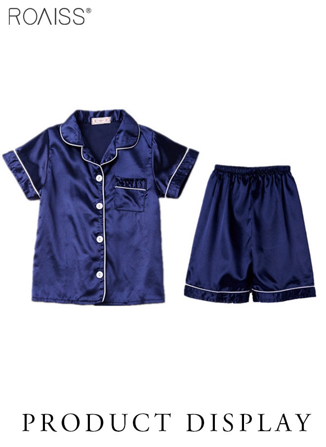 roaiss - 2-Pack Set Pajamas Children's Ice Silk Satin Universal Classic Style Daily Lapel Short-Sleeved Shirt and Elastic Waist Shorts Set Home Wear - Image 1
