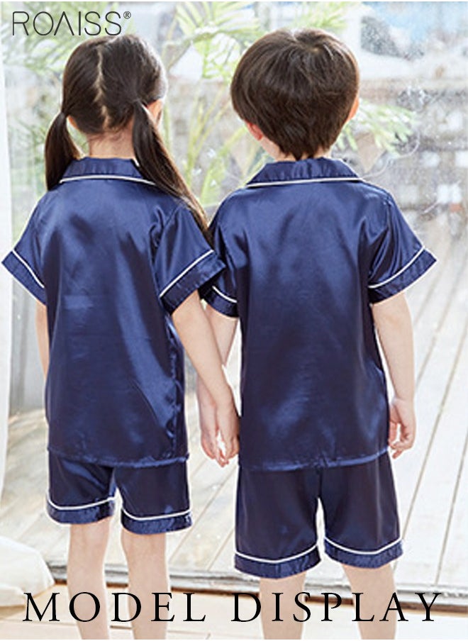 roaiss - 2-Pack Set Pajamas Children's Ice Silk Satin Universal Classic Style Daily Lapel Short-Sleeved Shirt and Elastic Waist Shorts Set Home Wear - Image 1