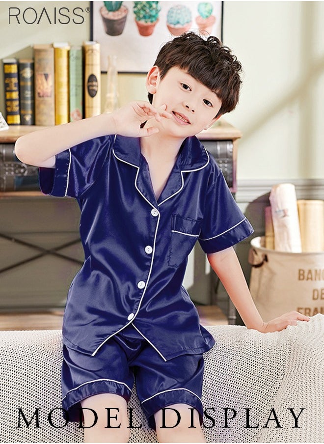 roaiss - 2-Pack Set Pajamas Children's Ice Silk Satin Universal Classic Style Daily Lapel Short-Sleeved Shirt and Elastic Waist Shorts Set Home Wear - Image 1