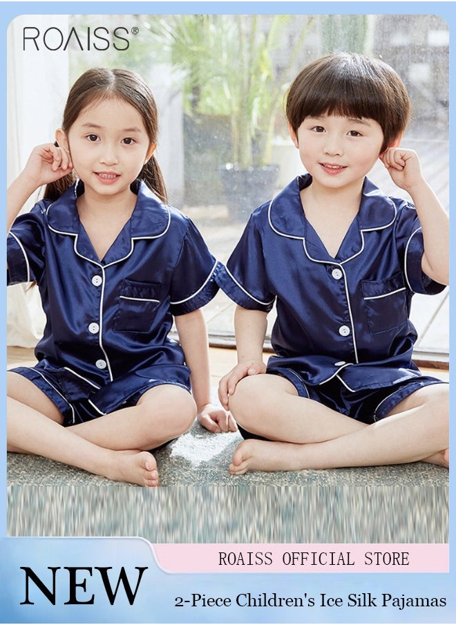 roaiss - 2-Pack Set Pajamas Children's Ice Silk Satin Universal Classic Style Daily Lapel Short-Sleeved Shirt and Elastic Waist Shorts Set Home Wear - Image 1