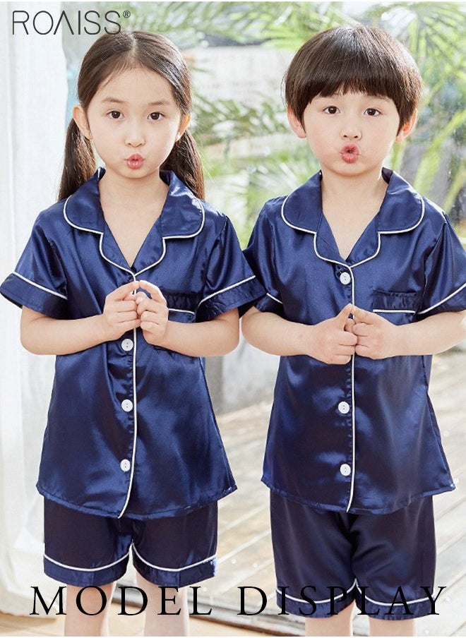 roaiss - 2-Pack Set Pajamas Children's Ice Silk Satin Universal Classic Style Daily Lapel Short-Sleeved Shirt and Elastic Waist Shorts Set Home Wear - Image 1