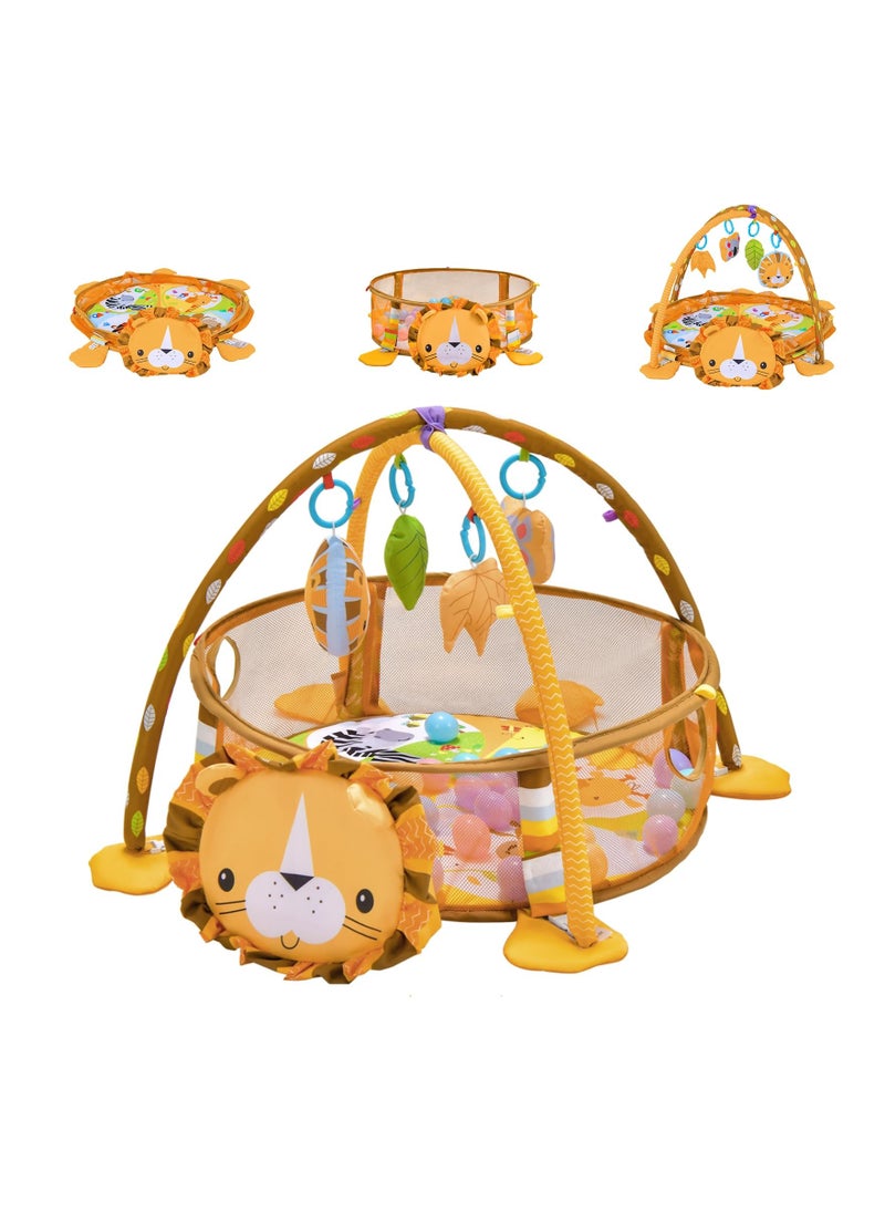 Arabest 4-in-1 Baby Activity Gym, Infant Play Lion Mat with 4 Hanging Toys, Detachable Arch, Storage Bags and 30 Colorful Balls, Toddler Floor Ball Pit Pool for Boys Girls.  - Image 1