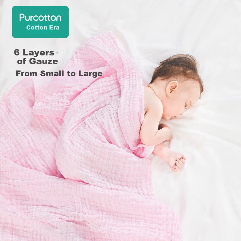 PurCotton Baby Bath Towel, 6-Layer Washable Gauze Bath Towel, Pure Cotton Large Towel Gift Box Set, Pink 115115cm