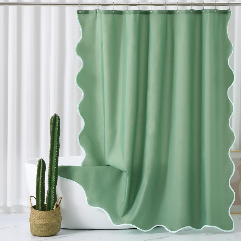ORTIGIA Green Shower Curtain, Cute Sage Green Scalloped Ruffle Shower Curtains Aesthetic Preppy Boho Waterproof Fabric for Bathroom Decor with Metal Hook 72 W x 72 H Inch - Image 1