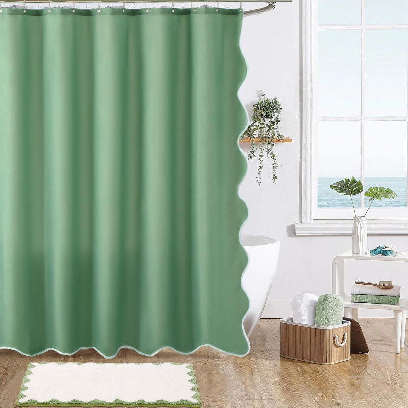 ORTIGIA Green Shower Curtain, Cute Sage Green Scalloped Ruffle Shower Curtains Aesthetic Preppy Boho Waterproof Fabric for Bathroom Decor with Metal Hook 72 W x 72 H Inch - Image 2