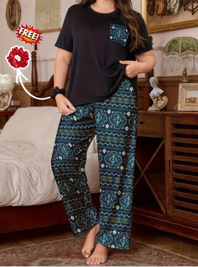 Celary Women’s Cotton Blend Printed Night Suit Set - Soft & Breathable Short Sleeve Top & Ethnic Print Pyjama Set - Image 3