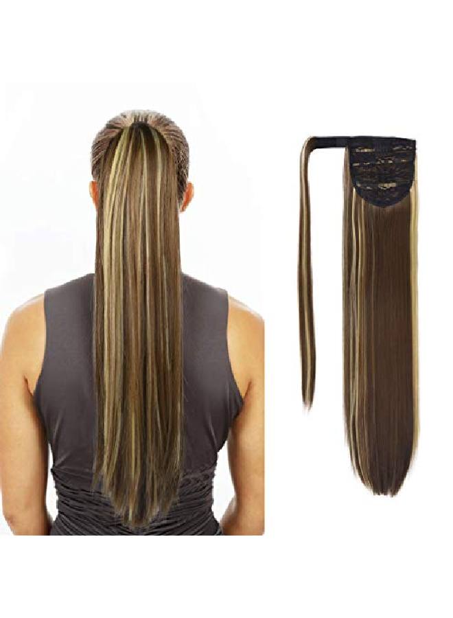 SEIKEA إكستنشن ذيل حصان قابل للتثبيت حول الشعر المستقيم للنساء (28" بني / أشقر رمادي مختلط) - Image 1