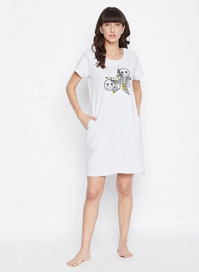 كلوفيا Clovia Emoji Print Short Night Dress in Light Grey - Cotton Rich