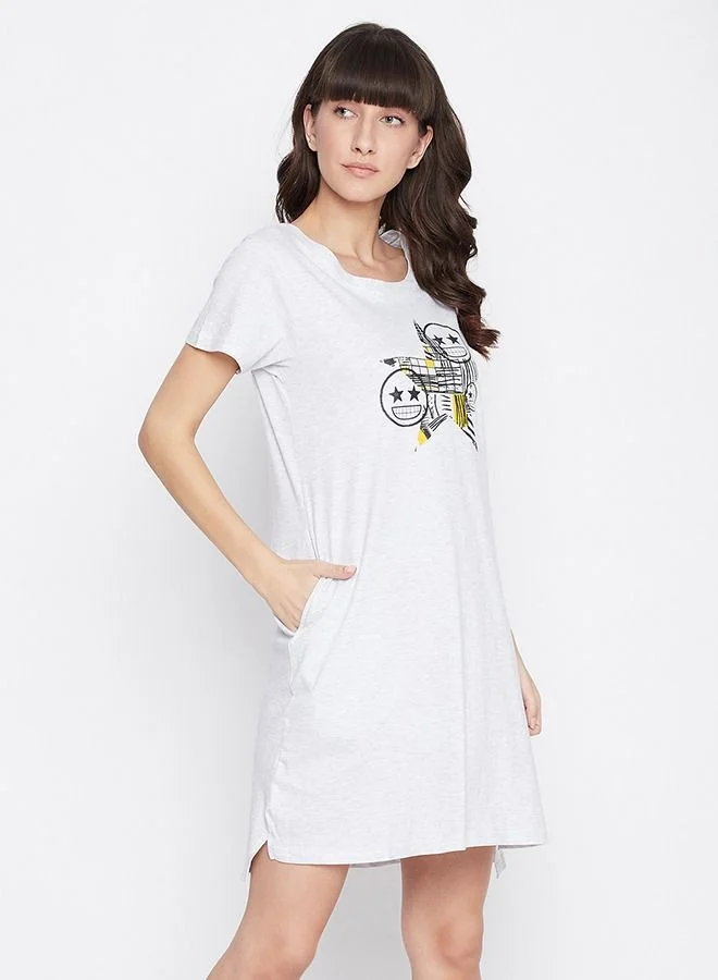 Clovia  Clovia Emoji Print Short Night Dress in Light Grey - Cotton Rich for Women | Best Price UAE