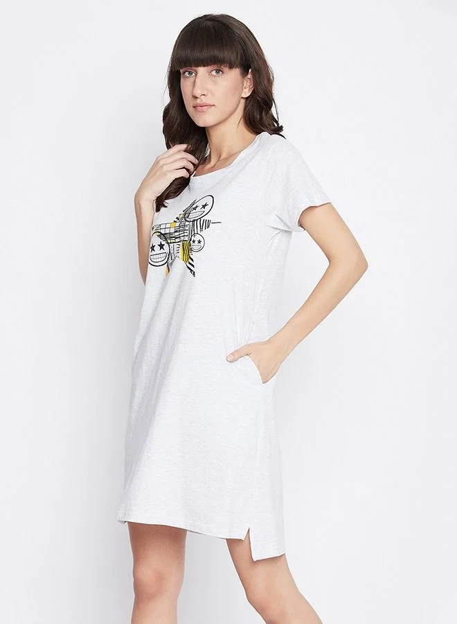 Clovia  Clovia Emoji Print Short Night Dress in Light Grey - Cotton Rich for Women | Best Price UAE