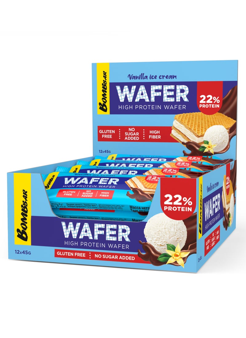 BOMBBAR High Protein Wafer with Vanilla Ice Cream Flavor, Gluten Free, High Fiber and No Sugar Added 12x45g  - Image 1
