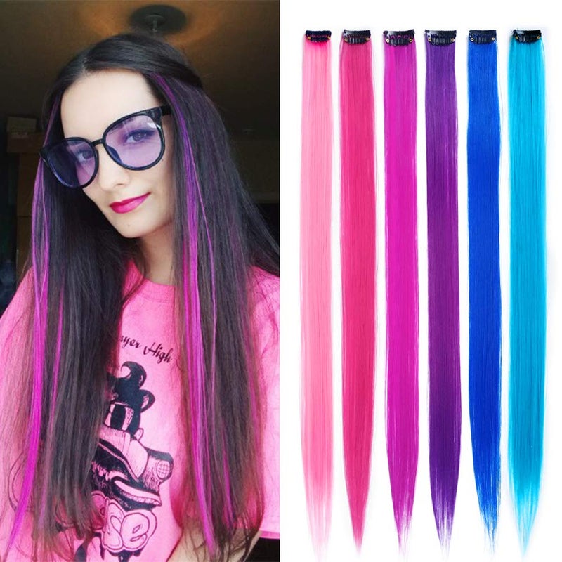 KGBFASS 24 Packs Colored Clip in Hair Extensions 20 Colorful Straight Hair Extensions Clip in for Kids MultiColors Party Highlights HairpiecesPinkPurpleBlue