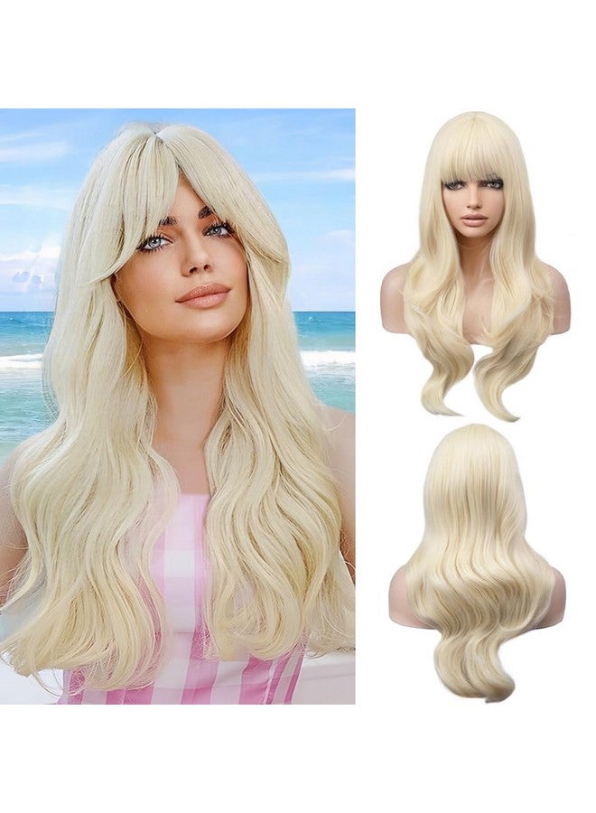 BERON Long Wavy Soft Synthetic Wig With Straight Bangs For Women Girls Wig Cap Included (Light Blonde) - Image 1