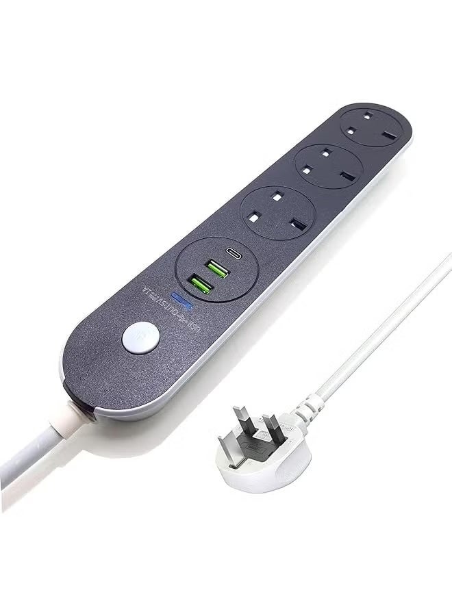 Power Extension Cord, 2M, 3 UK Plug Outlets, 2 USB & 1 Type-C Port, 13A Surge Protector