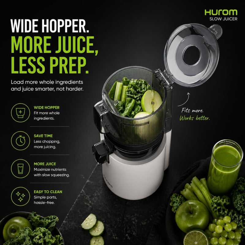 Hurom Cold Press Slow Juicer with Mega Hopper, 150W Quiet Motor, BPA-Free Juicer for Whole Fruits & Vegetables, Easy Clean Masticating Juicer Extractor, Space-Saving Design, Mushroom White E50ST - Image 2
