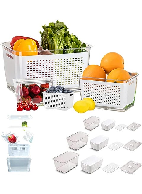 Sets Fruit Storage Containers for Fridge with Strainer,Produce Containers for Fridge, Lettuce Keeper Vegetable Drain Basket White 6 in 1 Food Storage Container Set with Moveable Lid Layered BPA-Free