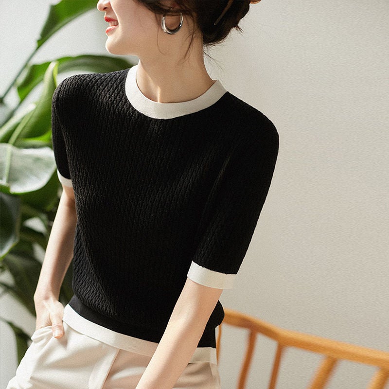 Ice Silk Knitted Short-sleeved T-shirt Women's Summer 2022 New Korean-style Contrast All-match Retro Loose T-shirt Top - Image 3