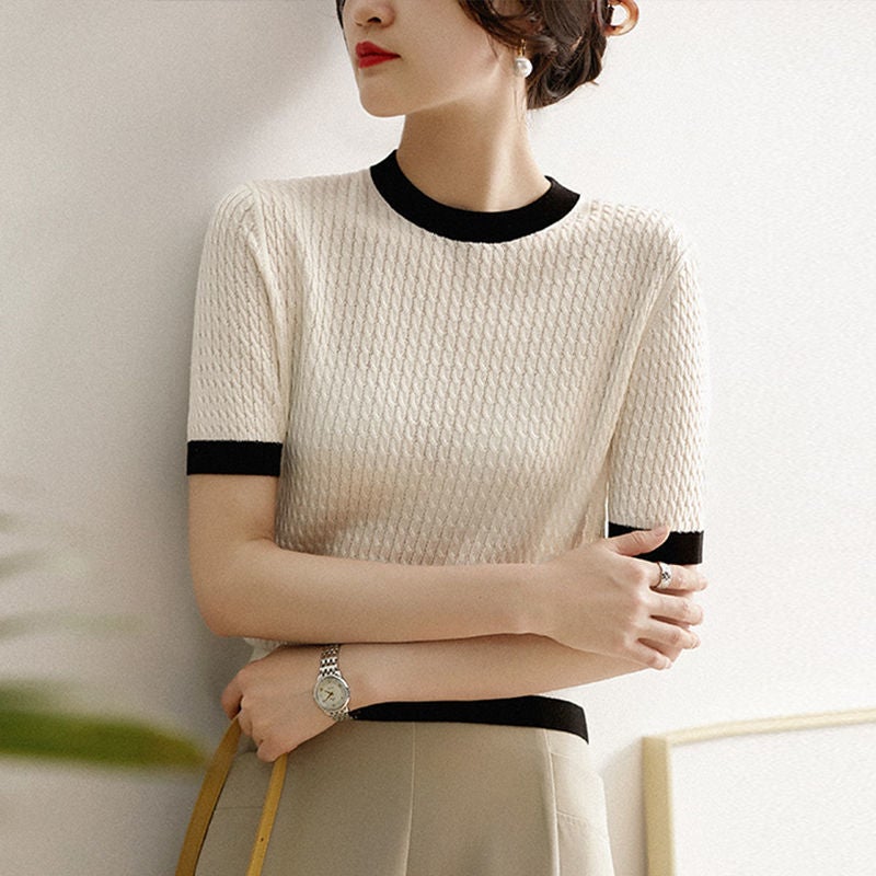 Ice Silk Knitted Short-sleeved T-shirt Women's Summer 2022 New Korean-style Contrast All-match Retro Loose T-shirt Top - Image 5