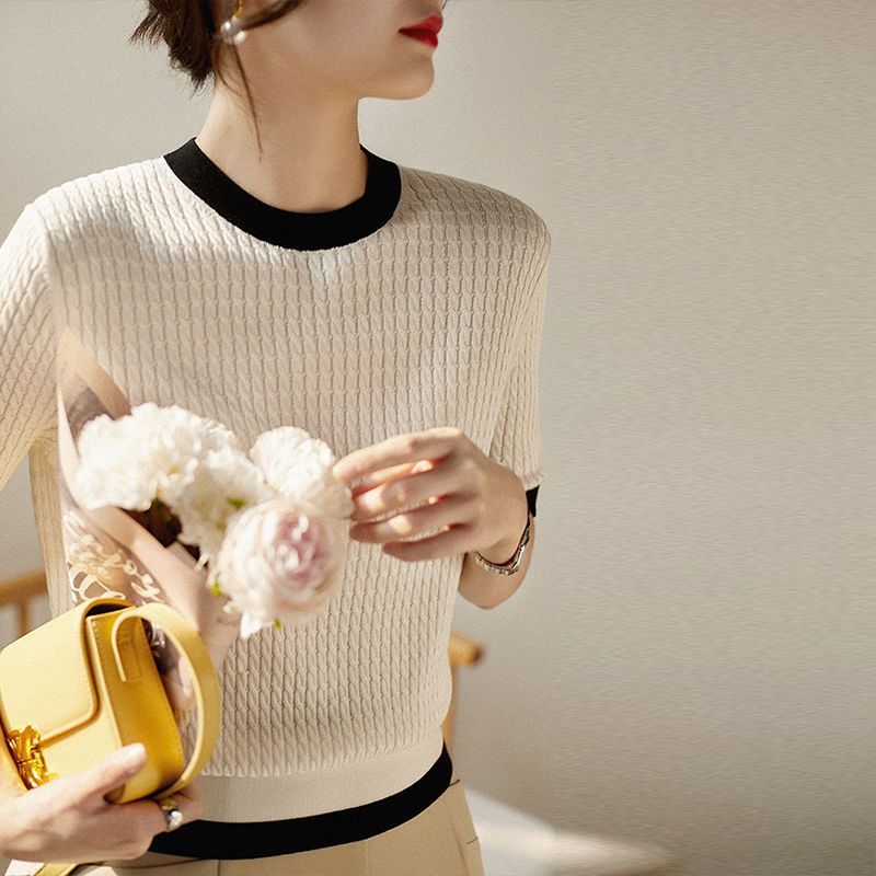 Ice Silk Knitted Short-sleeved T-shirt Women's Summer 2022 New Korean-style Contrast All-match Retro Loose T-shirt Top - Image 2