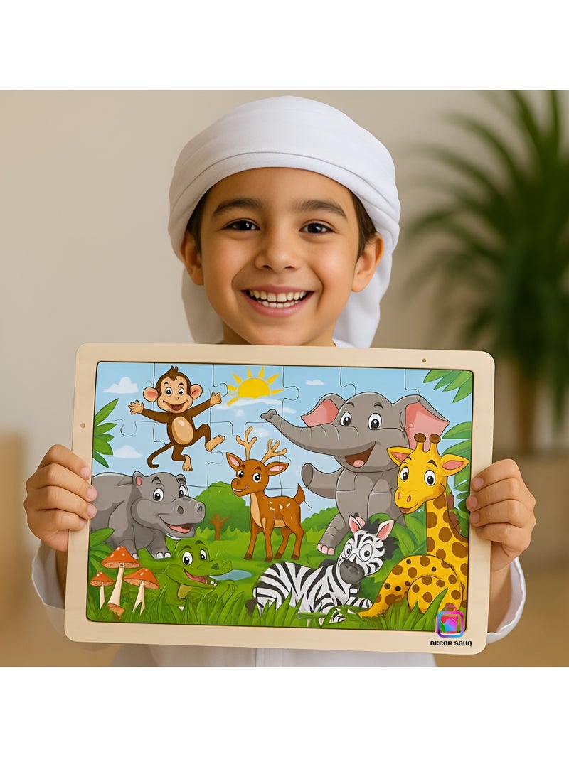 DECOR SOUQ - 30-Piece Wooden Jigsaw Puzzle with Sturdy Board - Engaging Animal Safari Theme for Toddlers & Preschoolers Featuring Elephant, Giraffe, Monkey and So on - Develops Problem-Solving, Fine Motor Skills & Creativity - Durable, Eco-Friendly Material for Long-Lasting Use - Fun & Educational Toy for Early Learning - Ideal for Kid's Playtime & Gift Ideas - Bright, Colorful Design for Cognitive Stimulation - Perfect for Home, Classrooms or Travel - Encourages Interactive, Screen-Free Activities - Enhances Hand-Eye Coordination & Early Development - Children's Toys - Kids Toy - Children's Puzzle Games - Jigsaw Puzzles - Limited Stock - Image 1