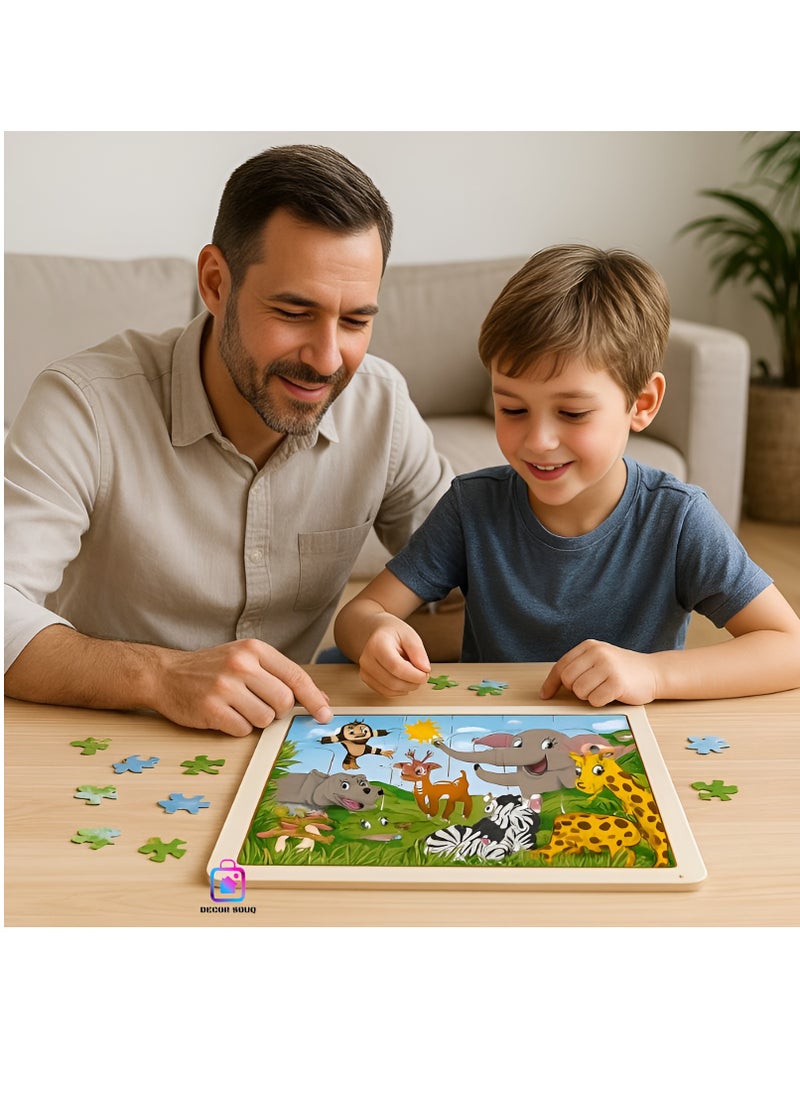 DECOR SOUQ - 30-Piece Wooden Jigsaw Puzzle with Sturdy Board - Engaging Animal Safari Theme for Toddlers & Preschoolers Featuring Elephant, Giraffe, Monkey and So on - Develops Problem-Solving, Fine Motor Skills & Creativity - Durable, Eco-Friendly Material for Long-Lasting Use - Fun & Educational Toy for Early Learning - Ideal for Kid's Playtime & Gift Ideas - Bright, Colorful Design for Cognitive Stimulation - Perfect for Home, Classrooms or Travel - Encourages Interactive, Screen-Free Activities - Enhances Hand-Eye Coordination & Early Development - Children's Toys - Kids Toy - Children's Puzzle Games - Jigsaw Puzzles - Limited Stock - Image 1