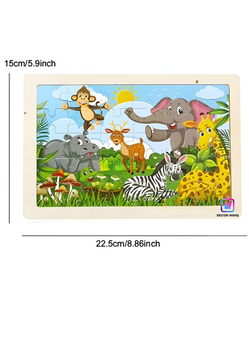 DECOR SOUQ - 30-Piece Wooden Jigsaw Puzzle with Sturdy Board - Engaging Animal Safari Theme for Toddlers & Preschoolers Featuring Elephant, Giraffe, Monkey and So on - Develops Problem-Solving, Fine Motor Skills & Creativity - Durable, Eco-Friendly Material for Long-Lasting Use - Fun & Educational Toy for Early Learning - Ideal for Kid's Playtime & Gift Ideas - Bright, Colorful Design for Cognitive Stimulation - Perfect for Home, Classrooms or Travel - Encourages Interactive, Screen-Free Activities - Enhances Hand-Eye Coordination & Early Development - Children's Toys - Kids Toy - Children's Puzzle Games - Jigsaw Puzzles - Limited Stock - Image 1
