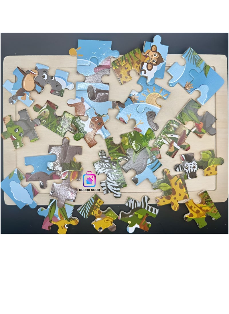 DECOR SOUQ - 30-Piece Wooden Jigsaw Puzzle with Sturdy Board - Engaging Animal Safari Theme for Toddlers & Preschoolers Featuring Elephant, Giraffe, Monkey and So on - Develops Problem-Solving, Fine Motor Skills & Creativity - Durable, Eco-Friendly Material for Long-Lasting Use - Fun & Educational Toy for Early Learning - Ideal for Kid's Playtime & Gift Ideas - Bright, Colorful Design for Cognitive Stimulation - Perfect for Home, Classrooms or Travel - Encourages Interactive, Screen-Free Activities - Enhances Hand-Eye Coordination & Early Development - Children's Toys - Kids Toy - Children's Puzzle Games - Jigsaw Puzzles - Limited Stock - Image 1