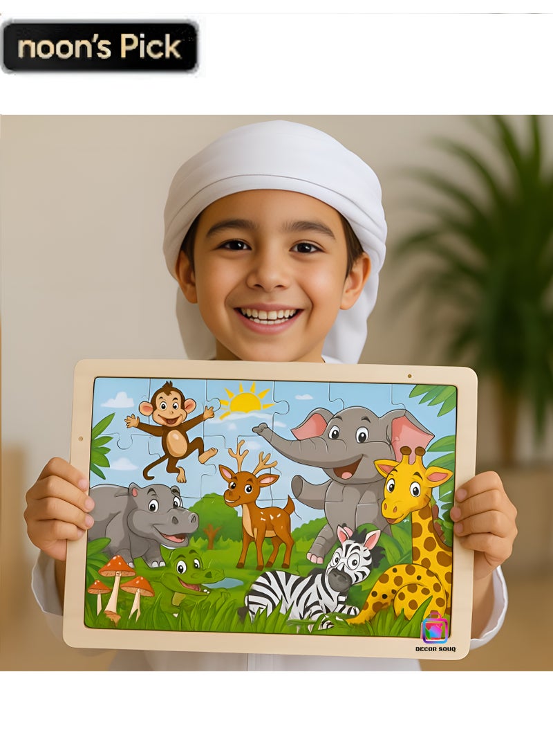 DECOR SOUQ 30-Piece Wooden Jigsaw Puzzle with Sturdy Board - Engaging Animal Safari Theme for Toddlers & Preschoolers Featuring Elephant, Giraffe, Monkey and So on - Develops Problem-Solving, Fine Motor Skills & Creativity - Durable, Eco-Friendly Material for Long-Lasting Use - Fun & Educational Toy for Early Learning - Ideal for Kid's Playtime & Gift Ideas - Bright, Colorful Design for Cognitive Stimulation - Perfect for Home, Classrooms or Travel - Encourages Interactive, Screen-Free Activities - Enhances Hand-Eye Coordination & Early Development - Children's Toys - Kids Toy - Children's Puzzle Games - Jigsaw Puzzles - Limited Stock - Image 1