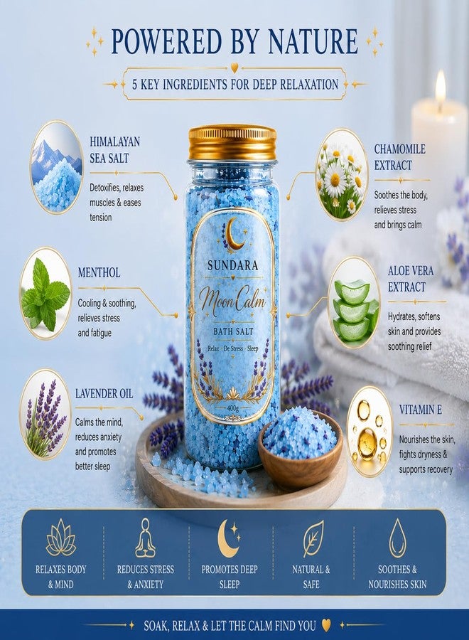 سونداراسوندارا ملح استحمام ساندارا مون كالم، برائحة اللافندر، 400 غرام، للاسترخاء ودعم النوم، وتخفيف التوتر، ملح فاخر مناسب للرجال والنساء - Image 5