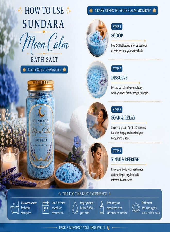 سونداراسوندارا ملح استحمام ساندارا مون كالم، برائحة اللافندر، 400 غرام، للاسترخاء ودعم النوم، وتخفيف التوتر، ملح فاخر مناسب للرجال والنساء - Image 2