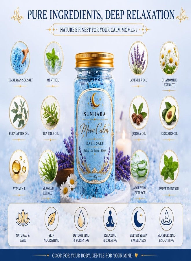 سونداراسوندارا ملح استحمام ساندارا مون كالم، برائحة اللافندر، 400 غرام، للاسترخاء ودعم النوم، وتخفيف التوتر، ملح فاخر مناسب للرجال والنساء - Image 4
