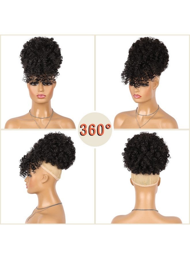 إنترانسد ستايلز تسريحات شعر جذابة ذيل حصان برباط مع غرة، وصلات شعر ذيل حصان أفريقي منتفخ للنساء ذوات البشرة السمراء، ذيل حصان قصير مجعد منتفخ مع غرة، شعر مستعار ملفوف ومشبك مجعد - Image 2