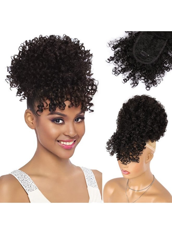 إنترانسد ستايلز تسريحات شعر جذابة ذيل حصان برباط مع غرة، وصلات شعر ذيل حصان أفريقي منتفخ للنساء ذوات البشرة السمراء، ذيل حصان قصير مجعد منتفخ مع غرة، شعر مستعار ملفوف ومشبك مجعد - Image 1