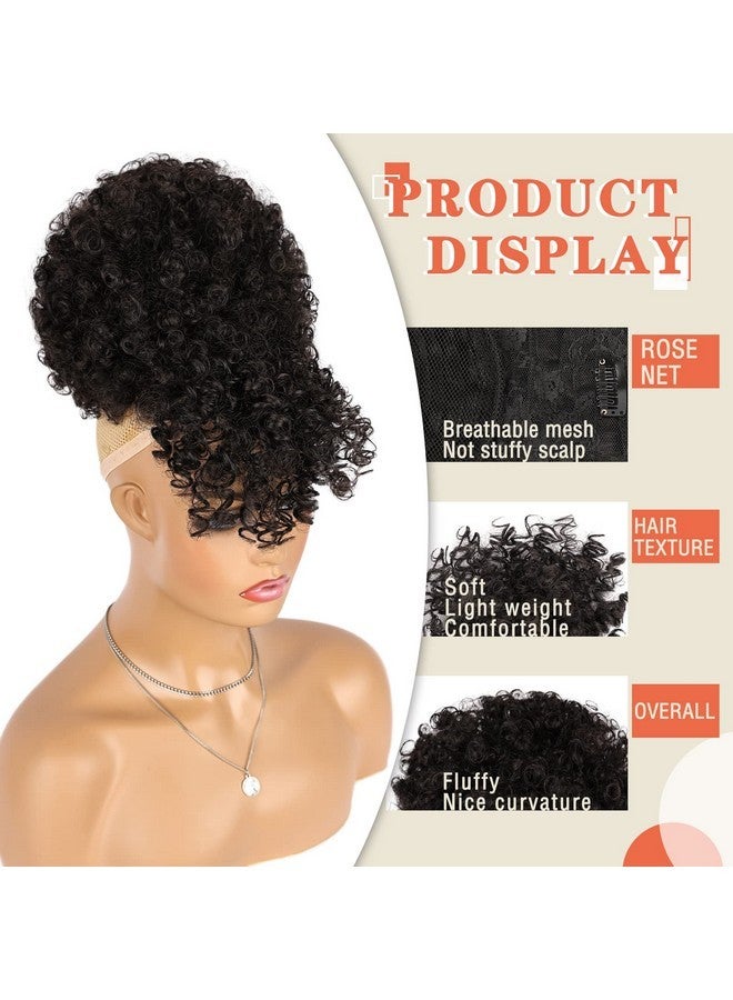 إنترانسد ستايلز تسريحات شعر جذابة ذيل حصان برباط مع غرة، وصلات شعر ذيل حصان أفريقي منتفخ للنساء ذوات البشرة السمراء، ذيل حصان قصير مجعد منتفخ مع غرة، شعر مستعار ملفوف ومشبك مجعد - Image 3