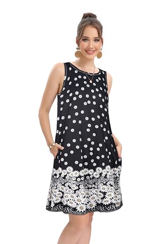 elescat Summer Dresses for Women Beach Floral Tshirt Sundress Sleeveless Pockets Casual Loose Tank Tunic(Black Daisy,M) - Image 3
