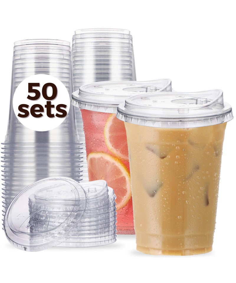 Aatriet 16 oz Clear Plastic Cups with Strawless-Sip-Lids  50 Sets Disposable Cups Plastic Iced Coffee Cups  To Go Cups with Sip Through Lids for Smoothie  Milkshake  Cold Drinks for Party  Wedding  Event - Image 1