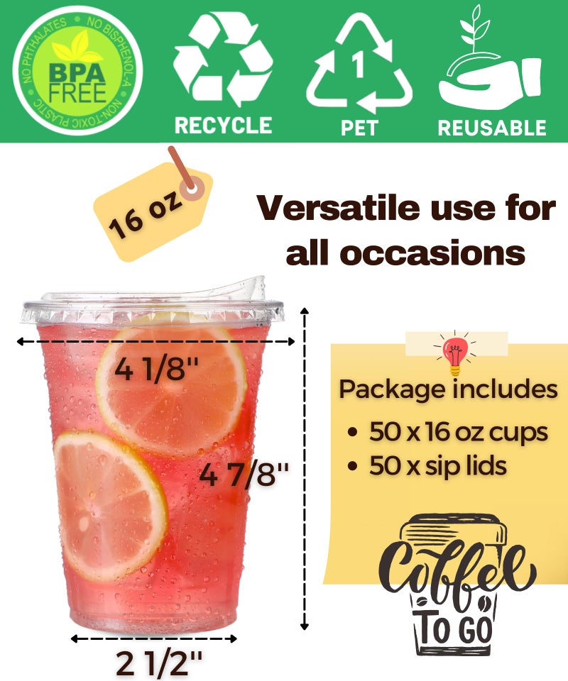 Aatriet 16 oz Clear Plastic Cups with Strawless-Sip-Lids  50 Sets Disposable Cups Plastic Iced Coffee Cups  To Go Cups with Sip Through Lids for Smoothie  Milkshake  Cold Drinks for Party  Wedding  Event - Image 4