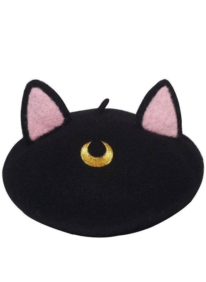 Faiccia Lolita Cat Beret Women's Cute Cap Painter Hat Sweet Students Cosplay (Gold Moon Black cat) - Image 1