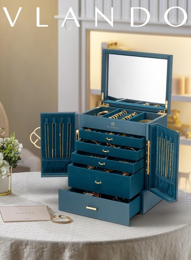 Vlando Small Travel Jewelry Box Organizer - Girls Women Gift Rings Earrings Necklaces Jewelry Storage Display Case Dark Green - Image 2