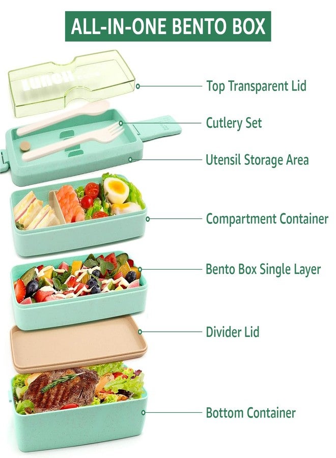 Meltset M 35Pcs Japanese Bento Box for Adults&Kids Lunch Box Kit Leakproof Wheat Straw Eco-Friendly 3 Compartment Stackable Lunch Box with Containers (Green) - Image 2