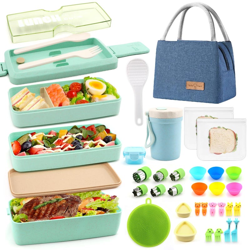 Meltset M 35Pcs Japanese Bento Box for Adults&Kids Lunch Box Kit Leakproof Wheat Straw Eco-Friendly 3 Compartment Stackable Lunch Box with Containers (Green) - Image 1