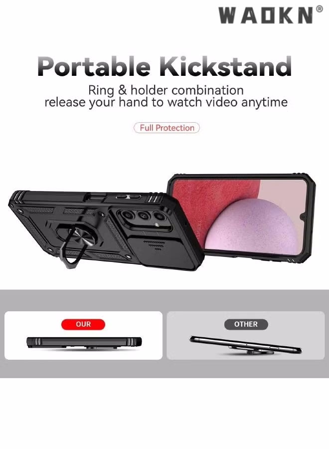 WAOKN For Samsung Galaxy A14 5G Case, Slide Camera Cover, Built-in 360° Rotate Ring Kickstand, Shockproof Test, Heavy Duty Shockproof Protective Case for Galaxy A14 5G 6.6 inch Black - Image 4