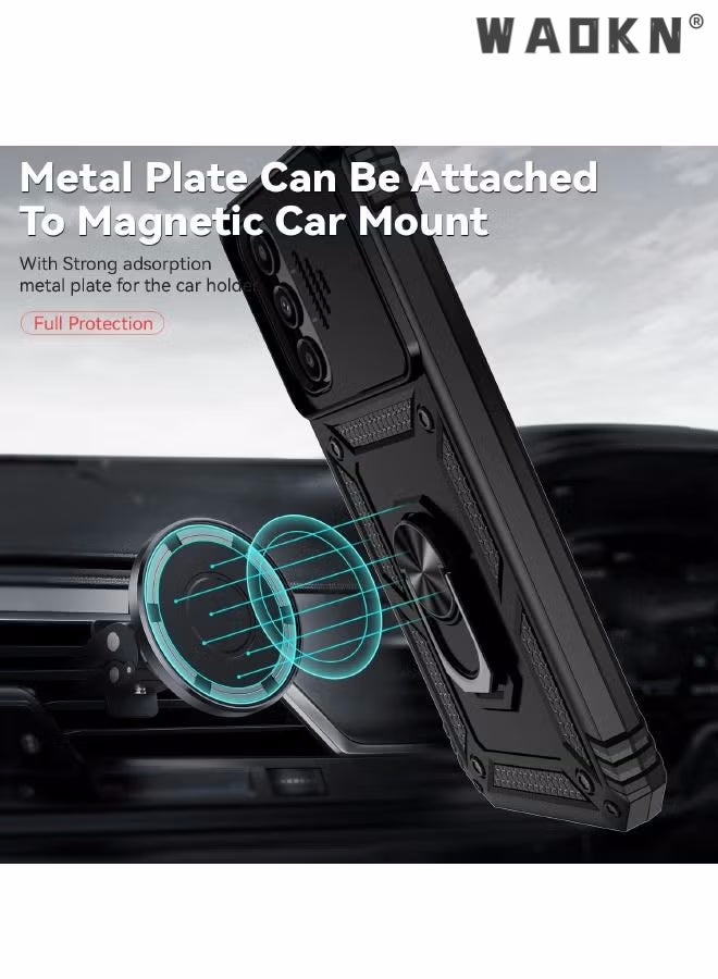 WAOKN For Samsung Galaxy A14 5G Case, Slide Camera Cover, Built-in 360° Rotate Ring Kickstand, Shockproof Test, Heavy Duty Shockproof Protective Case for Galaxy A14 5G 6.6 inch Black - Image 2