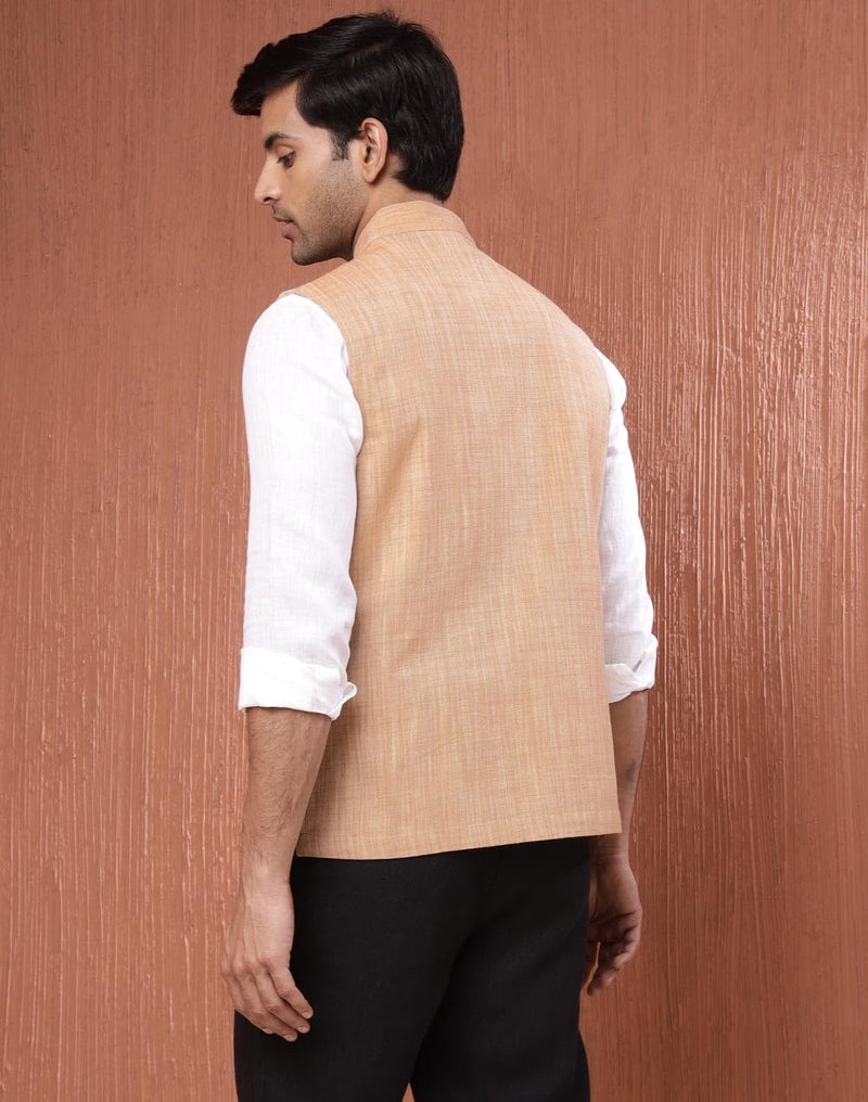 Fabindia Beige Cotton Woven Nehru Jacket - Image 4