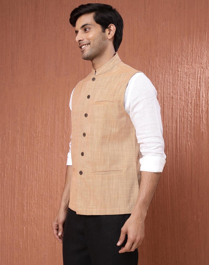 Fabindia Beige Cotton Woven Nehru Jacket - Image 3