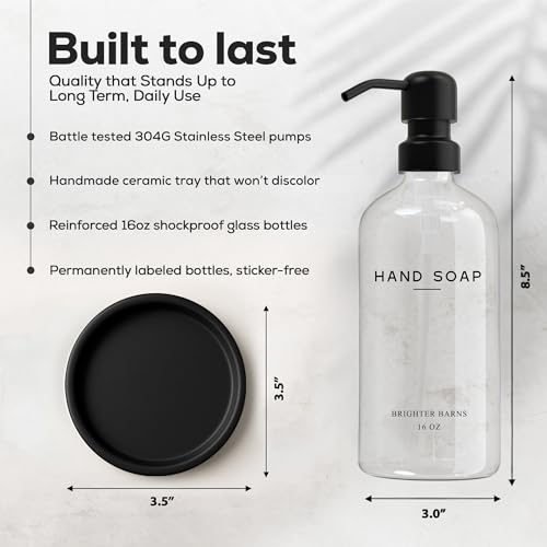 Brighter Barns Glass Hand Soap Dispenser Bathroom Set by Brighter Barns - Bathroom Soap Dispenser Set - Refillable Pump Bottle with Tray - Neutral Home Decor for Airbnb, Hotel, Vacation Rental, Restaurants (Clear) - Image 3