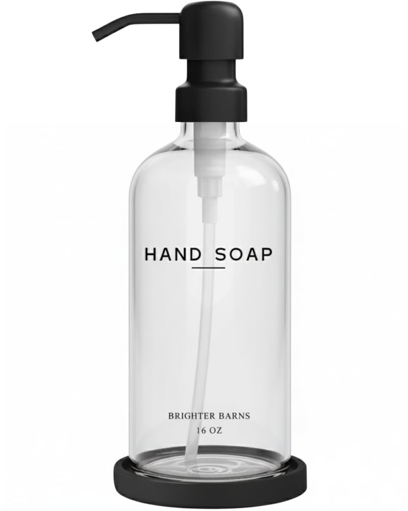 Brighter Barns Glass Hand Soap Dispenser Bathroom Set by Brighter Barns - Bathroom Soap Dispenser Set - Refillable Pump Bottle with Tray - Neutral Home Decor for Airbnb, Hotel, Vacation Rental, Restaurants (Clear) - Image 1